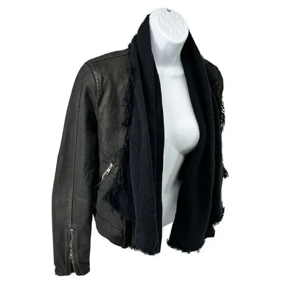 Free People Black Moto Jacket Coat Size 2 Front Drape Coated Denim Jean